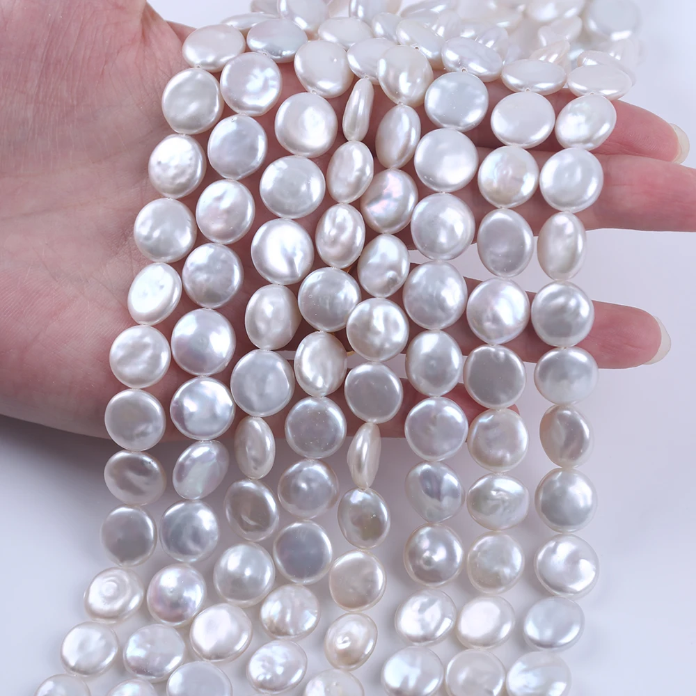 11-12mm White Coin Shape Cultured Freshwater Pearl Strands for Jewelry Making - Image 4