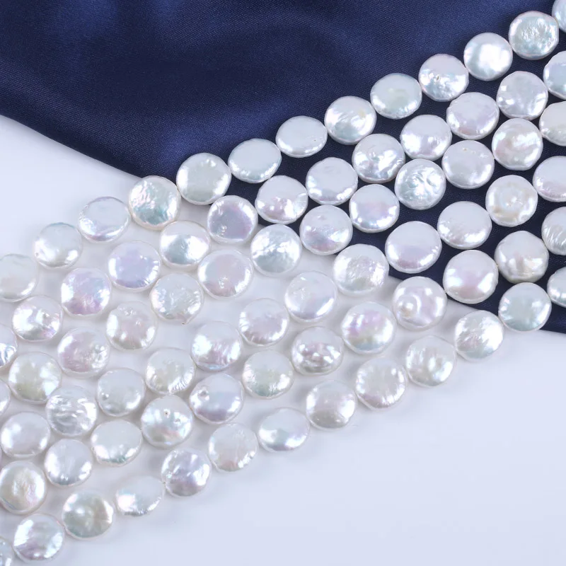 13-14mm White Coin Shape Cultured Freshwater Pearl Flat Pearl Strands for Jewelry Making