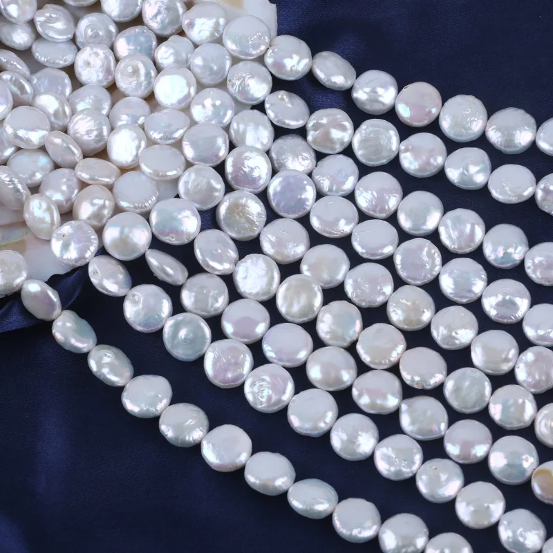 13-14mm White Coin Shape Cultured Freshwater Pearl Flat Pearl Strands for Jewelry Making - Image 2