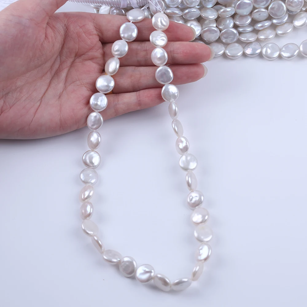 11-12mm White Coin Shape Cultured Freshwater Pearl Strands for Jewelry Making - Image 5