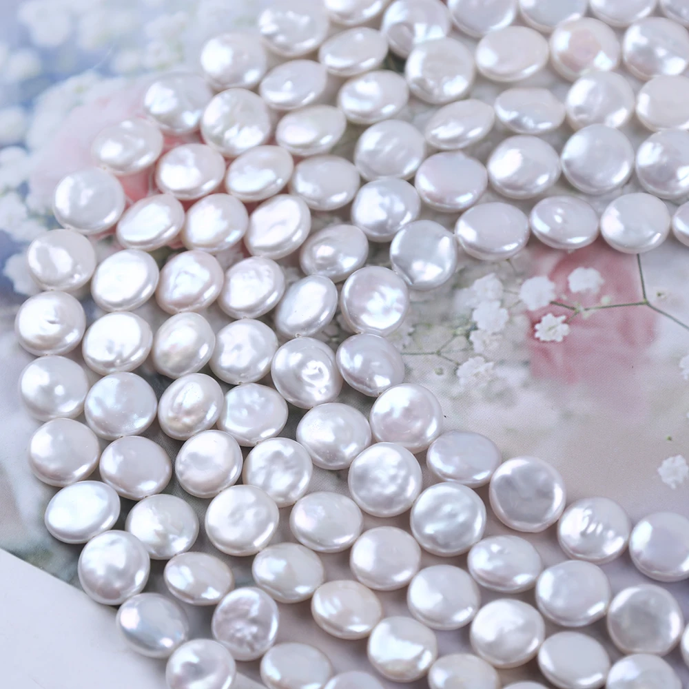 11-12mm White Coin Shape Cultured Freshwater Pearl Strands for Jewelry Making - Image 2