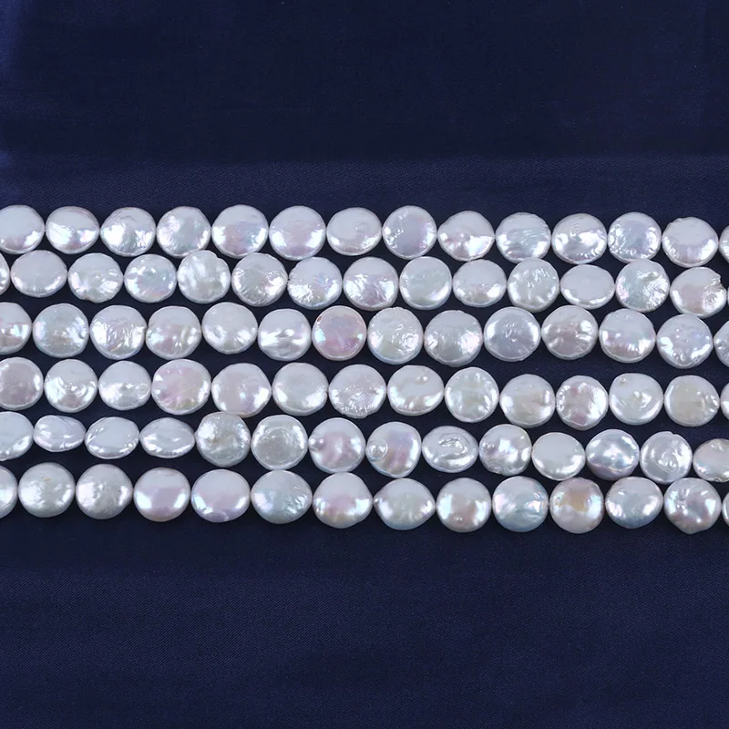 13-14mm White Coin Shape Cultured Freshwater Pearl Flat Pearl Strands for Jewelry Making - Image 4