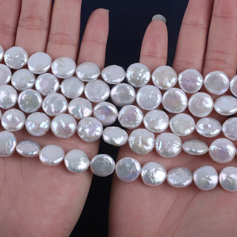 13-14mm White Coin Shape Cultured Freshwater Pearl Flat Pearl Strands for Jewelry Making - Image 3