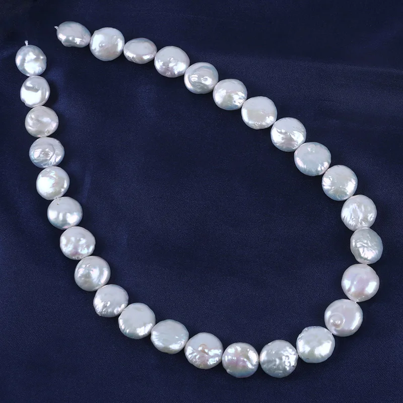 13-14mm White Coin Shape Cultured Freshwater Pearl Flat Pearl Strands for Jewelry Making - Image 5