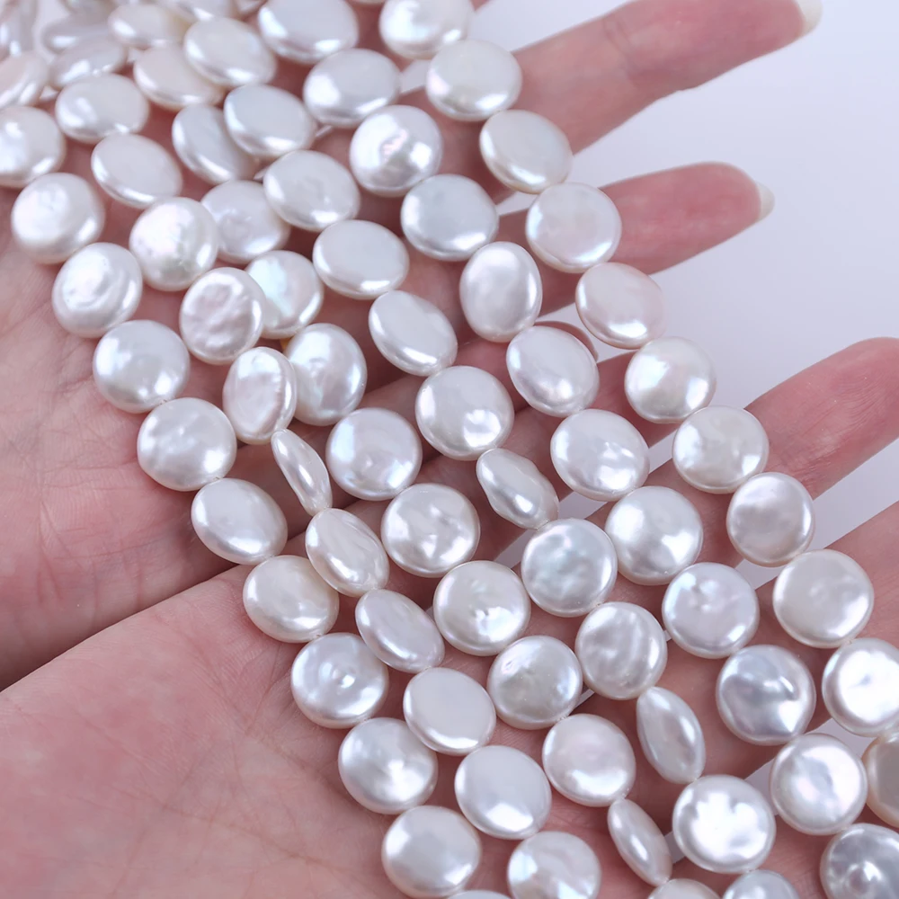 11-12mm White Coin Shape Cultured Freshwater Pearl Strands for Jewelry Making - Image 3