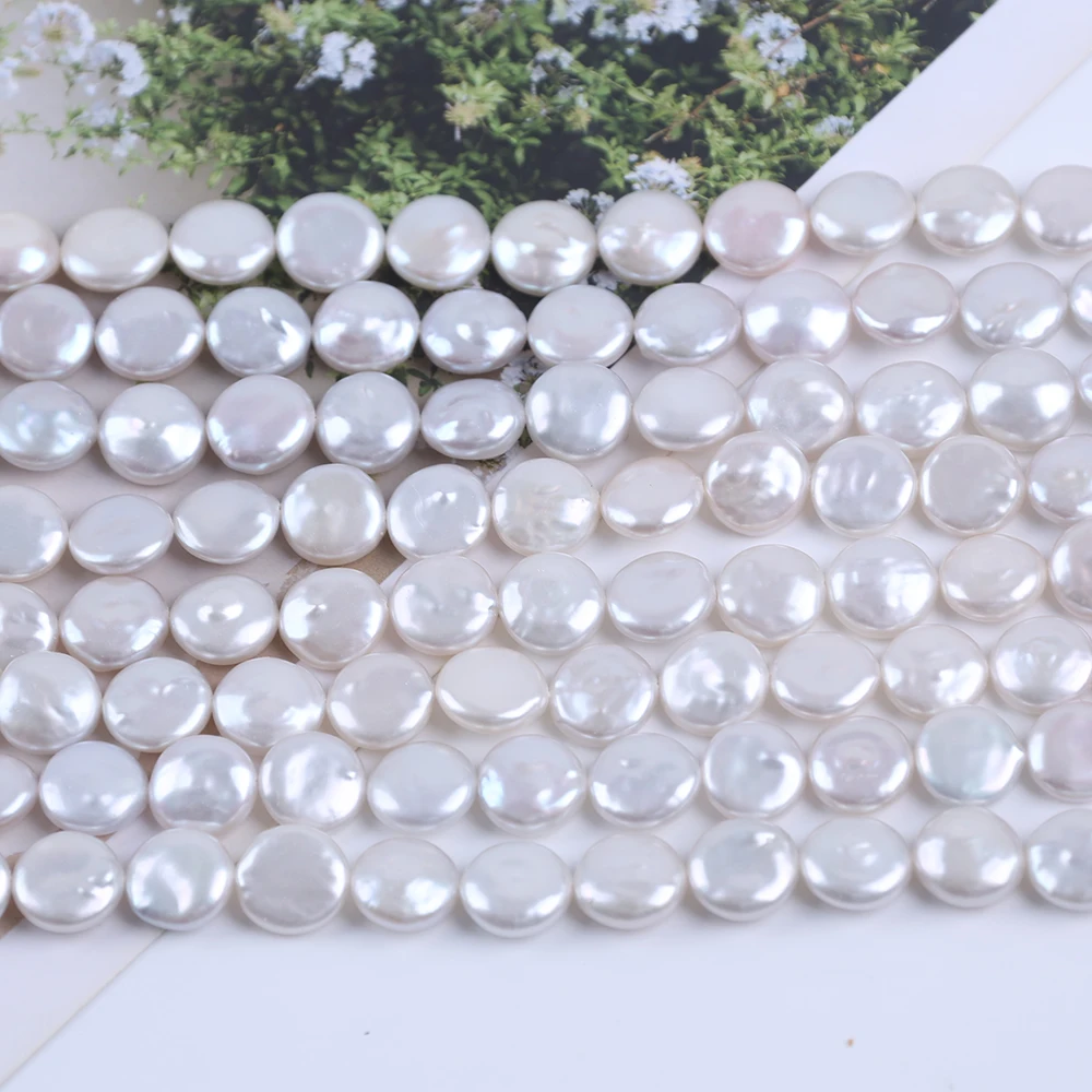 11-12mm White Coin Shape Cultured Freshwater Pearl Strands for Jewelry Making