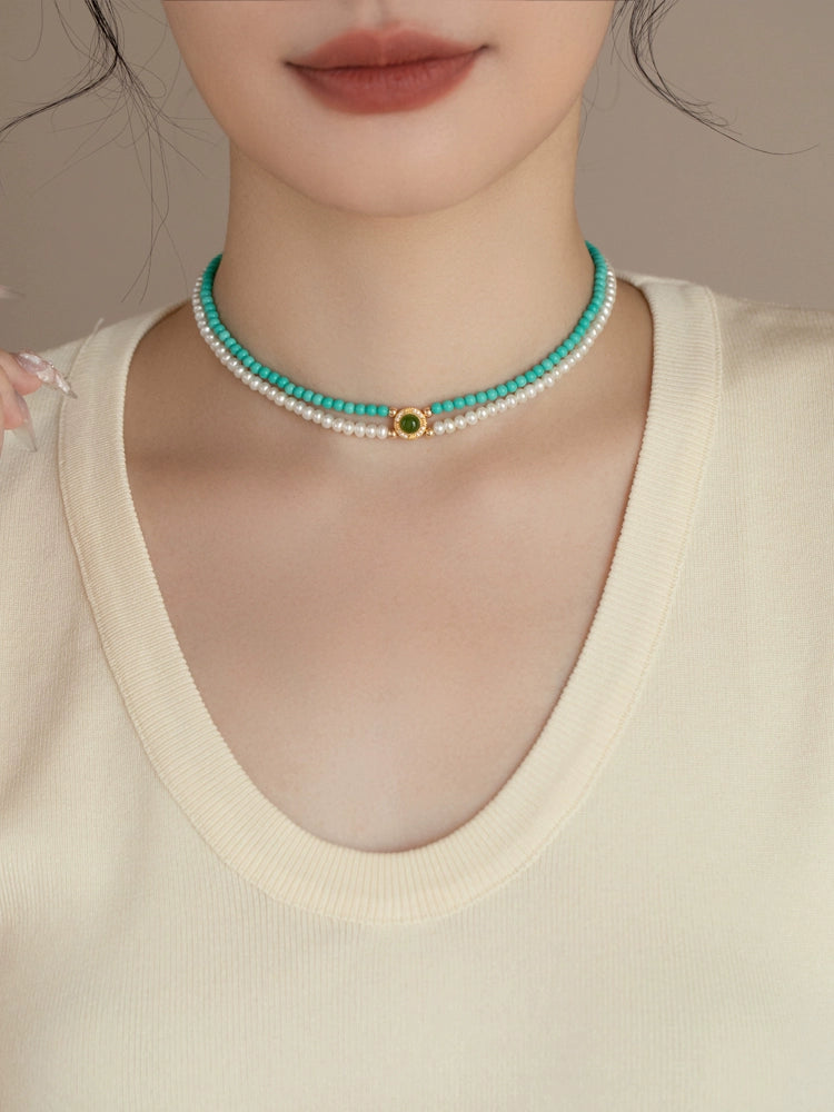 Double Stacked Pearl Necklace 2024 New 925 Silver Artificial Turquoise - Image 3