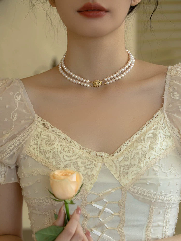 Vintage Double Pearl Stacked Necklace Freshwater Pearl Chain Sweater Skirt Women