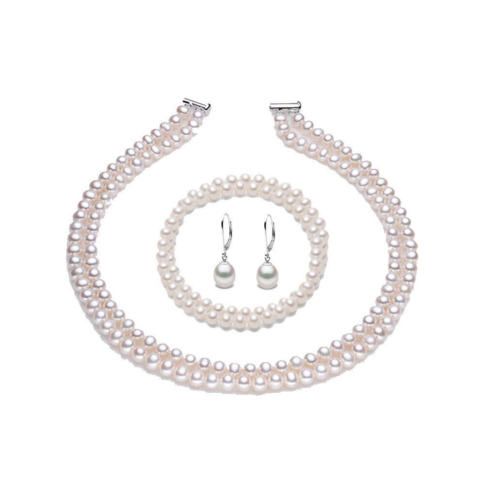 White Freshwater Pearl Necklace Bracelet Earrings Set with 925 Silver Accessories Double Row Pearl Jewelry Wholesale