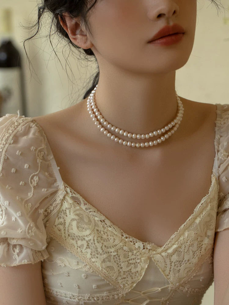 Vintage Double Pearl Stacked Necklace Freshwater Pearl Chain Sweater Skirt Women - Image 2