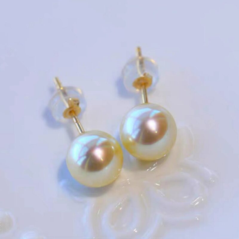 Japanese natural seawater pearls, quality 18K gold queen stud earrings, champagne gold basic earrings Aurora round - Image 4