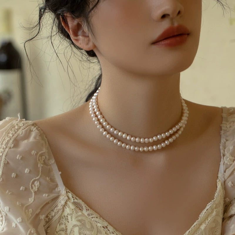 Vintage Double Pearl Stacked Necklace Freshwater Pearl Chain Sweater Skirt Women - Image 6