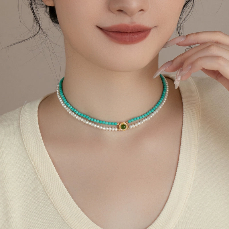 Double Stacked Pearl Necklace 2024 New 925 Silver Artificial Turquoise - Image 6