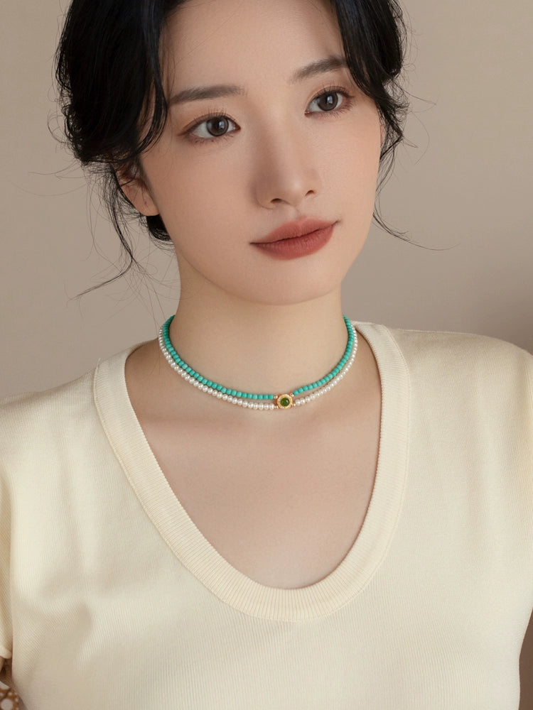 Double Stacked Pearl Necklace 2024 New 925 Silver Artificial Turquoise - Image 2