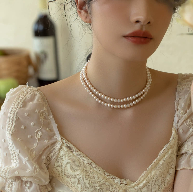 Vintage Double Pearl Stacked Necklace Freshwater Pearl Chain Sweater Skirt Women - Image 9