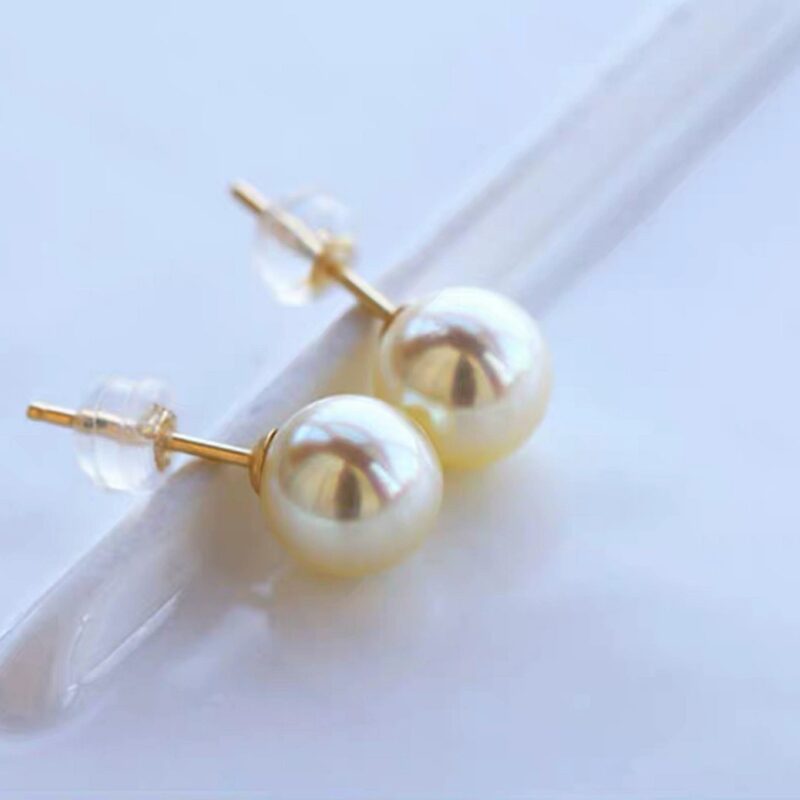 Japanese natural seawater pearls, quality 18K gold queen stud earrings, champagne gold basic earrings Aurora round - Image 3