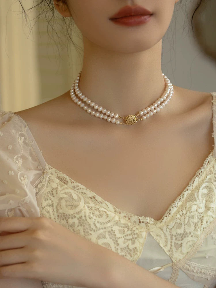 Vintage Double Pearl Stacked Necklace Freshwater Pearl Chain Sweater Skirt Women - Image 5