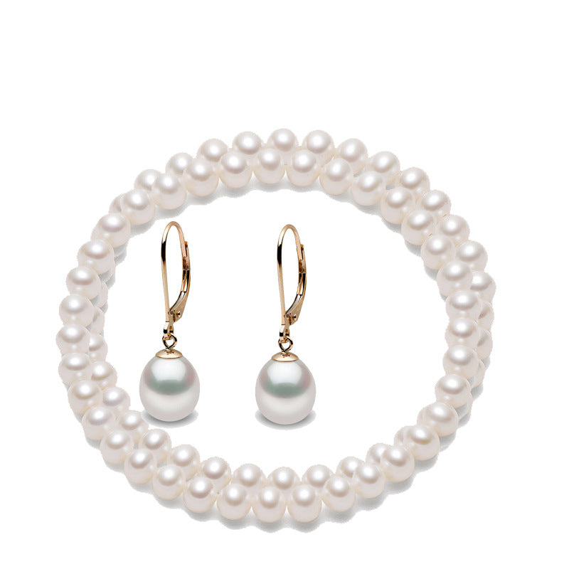 White Freshwater Pearl Necklace Bracelet Earrings Set with 925 Silver Accessories Double Row Pearl Jewelry Wholesale - Image 3