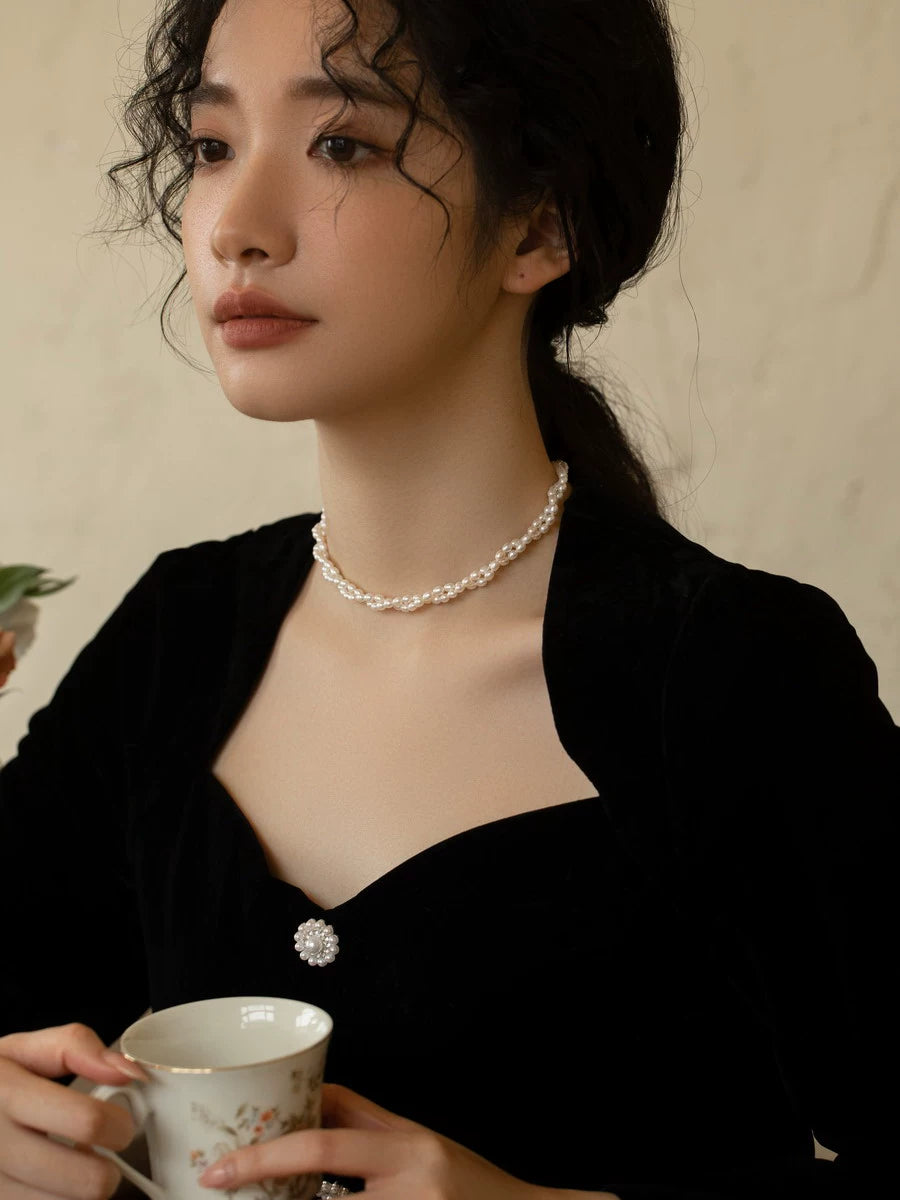 Natural freshwater pearl necklace women's chain choker retro double stacked women - Image 3