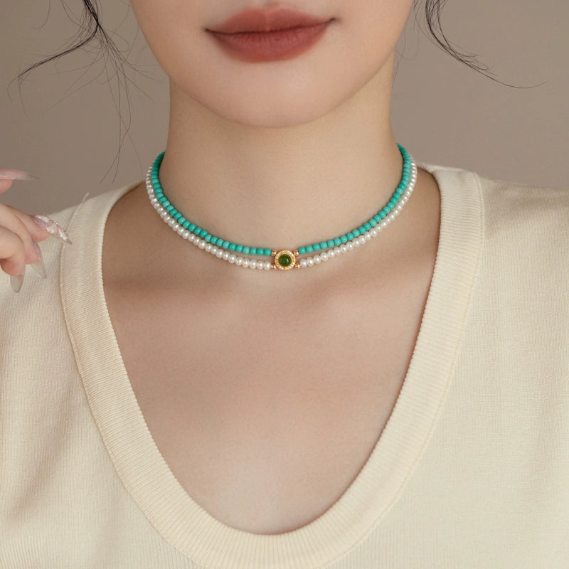 Double Stacked Pearl Necklace 2024 New 925 Silver Artificial Turquoise - Image 7
