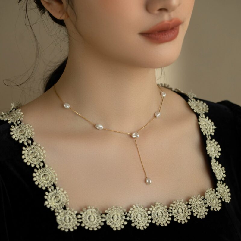 Pearl Necklace Vintage Y-Shaped Chain Handmade Baroque Shredded Silver Pearl Necklace - Image 6