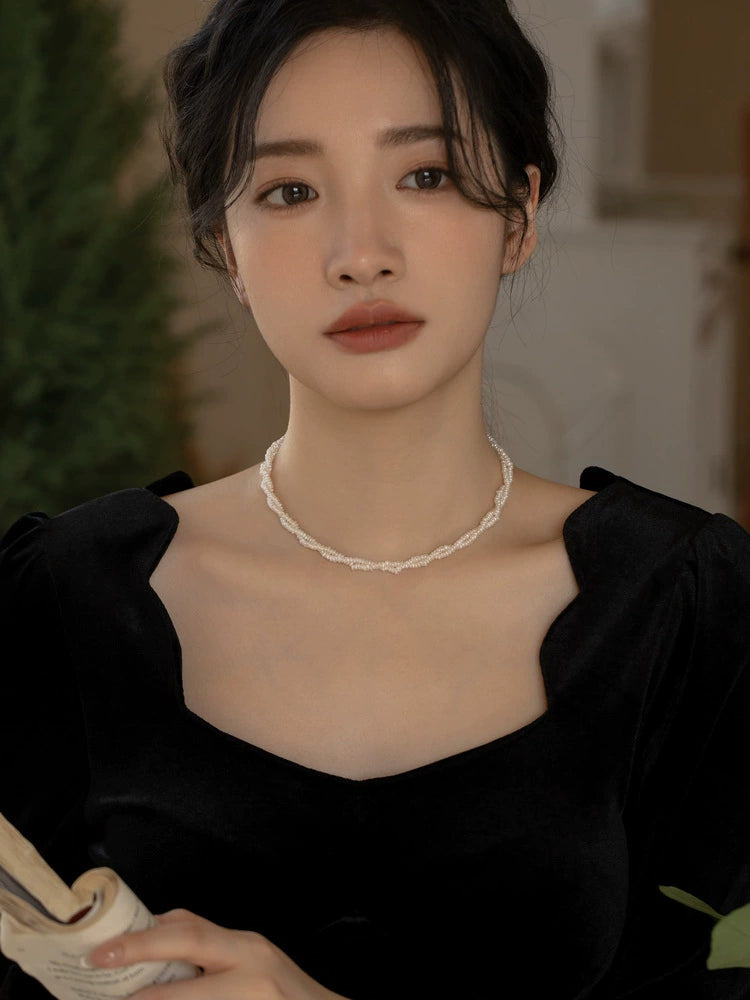 Natural Pearl Necklace Chain Choker Double Layer Retro Simple Girl Gift