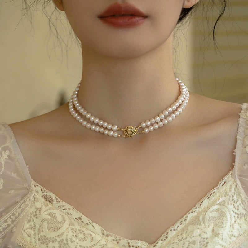 Vintage Double Pearl Stacked Necklace Freshwater Pearl Chain Sweater Skirt Women - Image 8