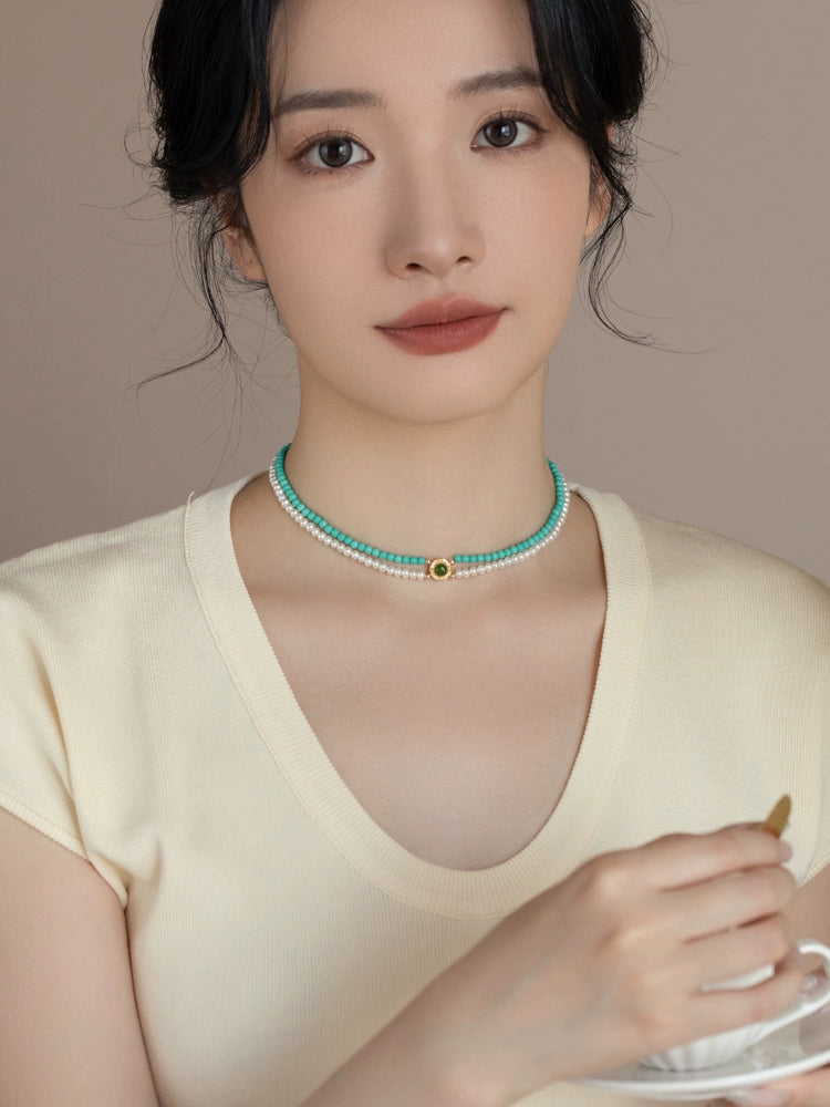 Double Stacked Pearl Necklace 2024 New 925 Silver Artificial Turquoise - Image 4