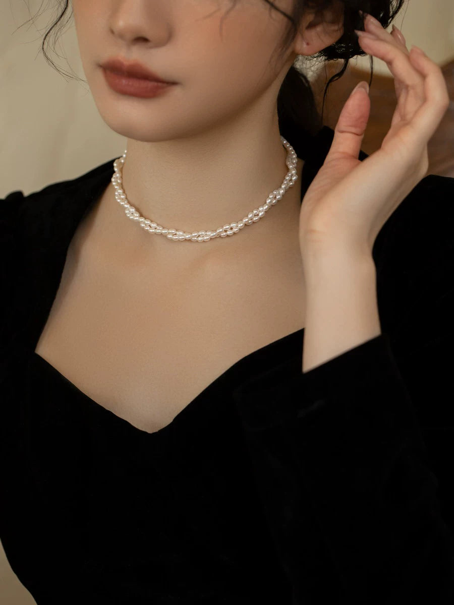 Natural freshwater pearl necklace women's chain choker retro double stacked women - Image 4