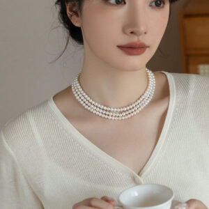 three-layer natural pearl cheongsam necklace multi-layer versatile 925 silver retro