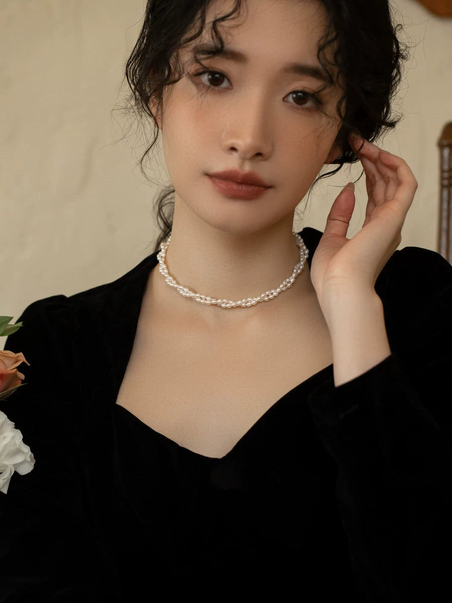 Natural freshwater pearl necklace women's chain choker retro double stacked women - Image 2