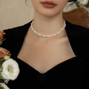 Natural freshwater pearl necklace women's chain choker retro double stacked women