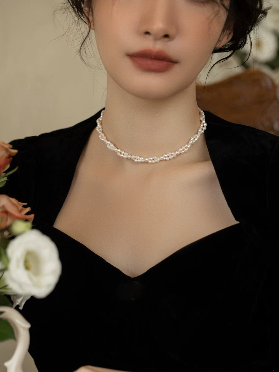 Natural freshwater pearl necklace women's chain choker retro double stacked women