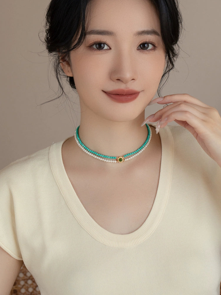 Double Stacked Pearl Necklace 2024 New 925 Silver Artificial Turquoise