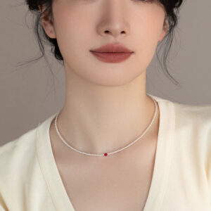 Pearl Necklace Burgundy Crystal Small and Extremely Fine Chain Women's Simple and Versatile Design
