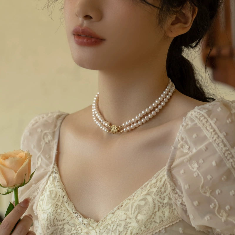 Vintage Double Pearl Stacked Necklace Freshwater Pearl Chain Sweater Skirt Women - Image 7